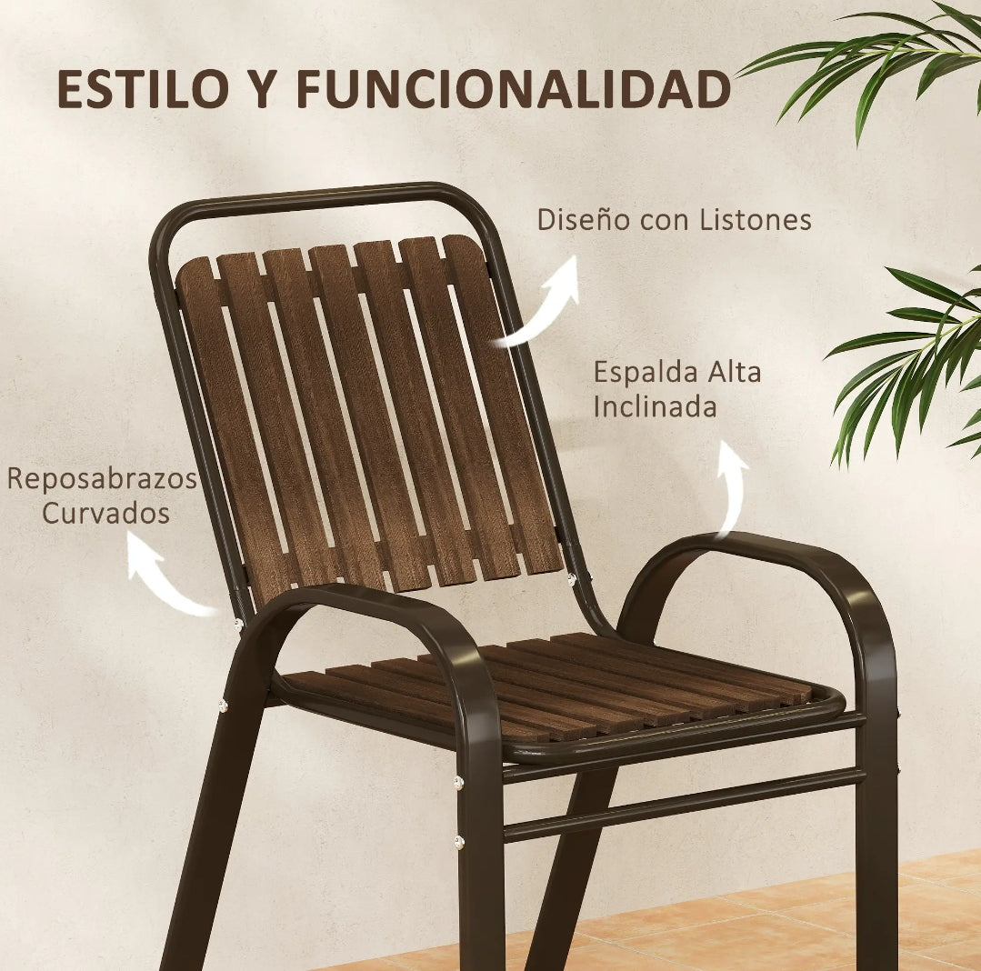 Conjunto de Jardín Bistro 3 Piezas con 2 Sillas Apilables y Mesa Redonda de Cristal Templado