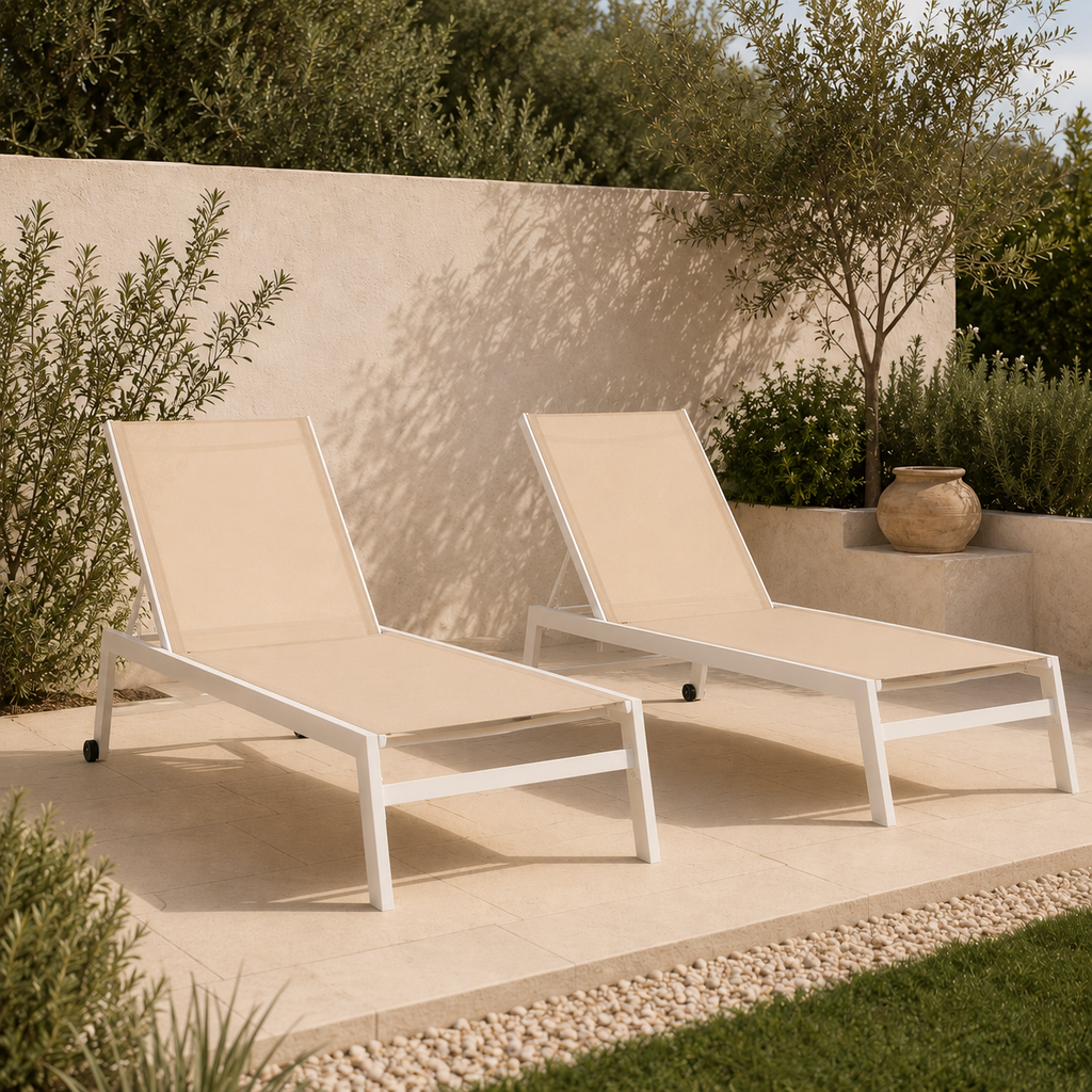 Tumbona Reclinable de Aluminio con Ruedas y Tejido Texteline para Jardín y Piscina