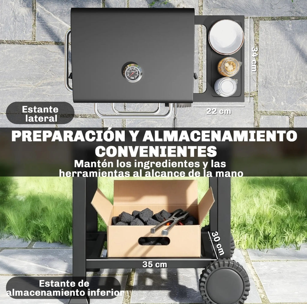 Barbacoa de Carbón con Tapa, Termómetro y Ruedas para Jardín y Terraza