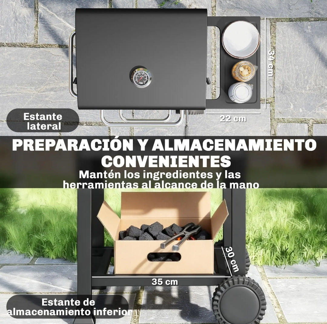 Barbacoa de Carbón con Tapa, Termómetro y Ruedas para Jardín y Terraza