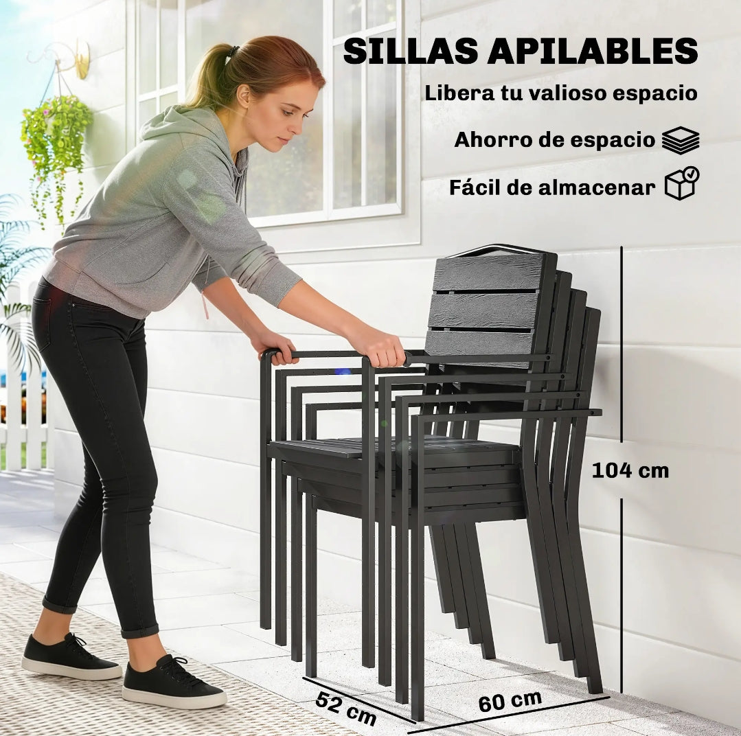 Pack de 4 Sillas de Jardín Apilables con Reposabrazos y Estructura de Acero para Exterior