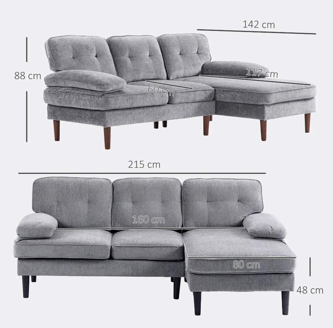 Sofá Esquinero con Chaise Longue Derecha de Chenilla Gris 215 cm | MooM Decó