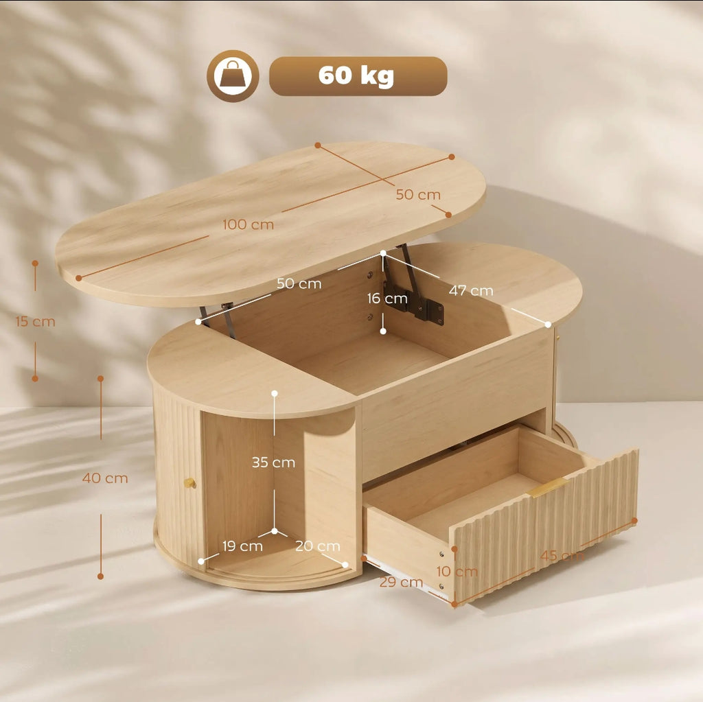 Mesa de Centro Elevable Roble 100 cm con Almacenaje | MooM Decó