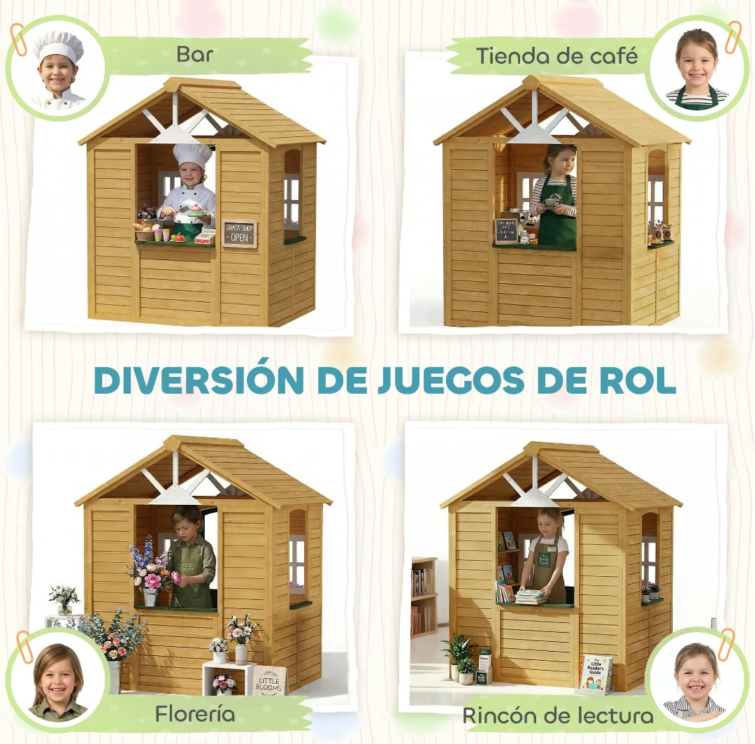 Casita Infantil de Madera para Jardín con Jardineras y Ventanas | 134,5x97x150 cm | MooM Decó