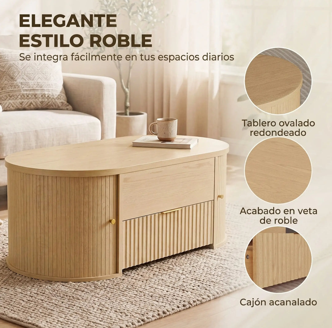 Mesa de Centro Elevable Roble 100 cm con Almacenaje | MooM Decó
