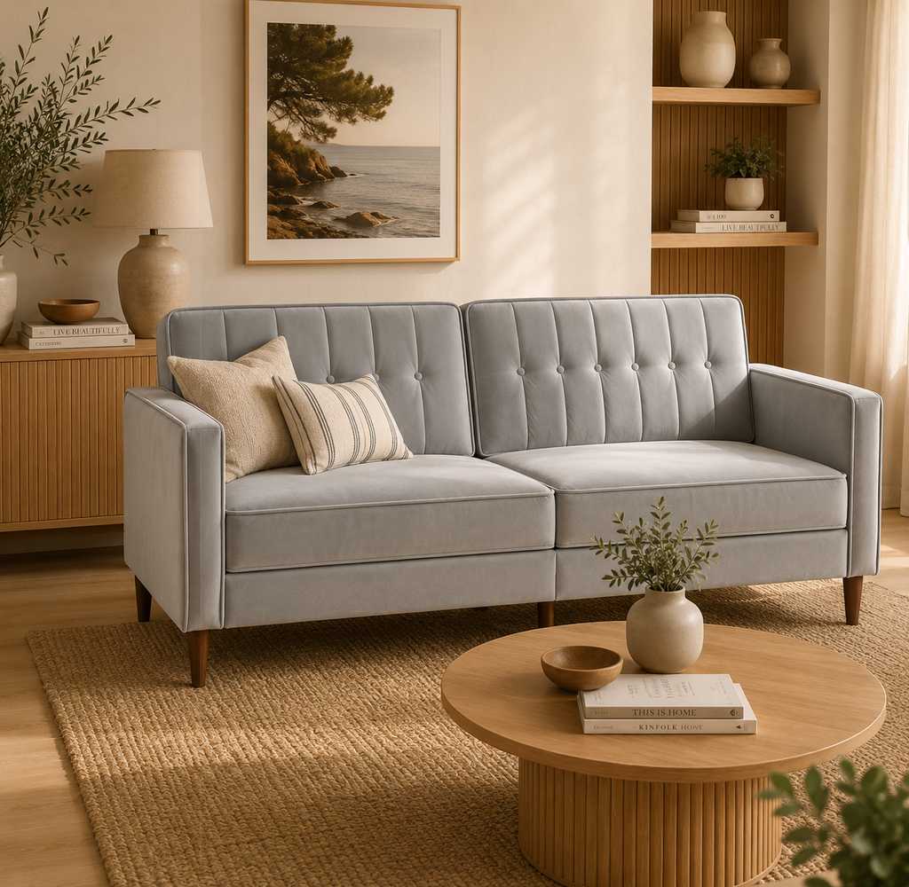 Sofá Cama Convertible 2-3 Plazas con Respaldos Reclinables y Tapizado Aterciopelado Gris Claro