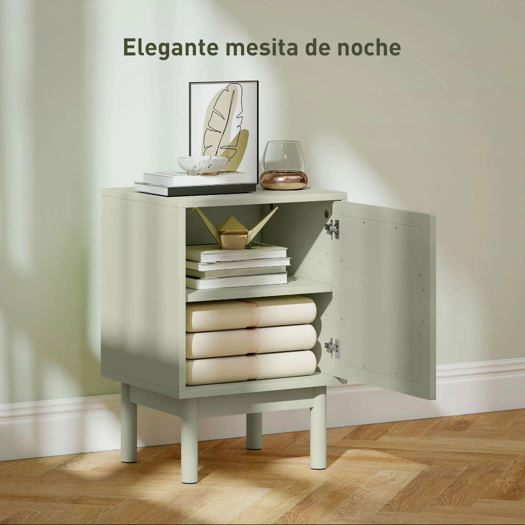 Mesita de Noche Verde con Ratán y Estante Ajustable | MooM Decó