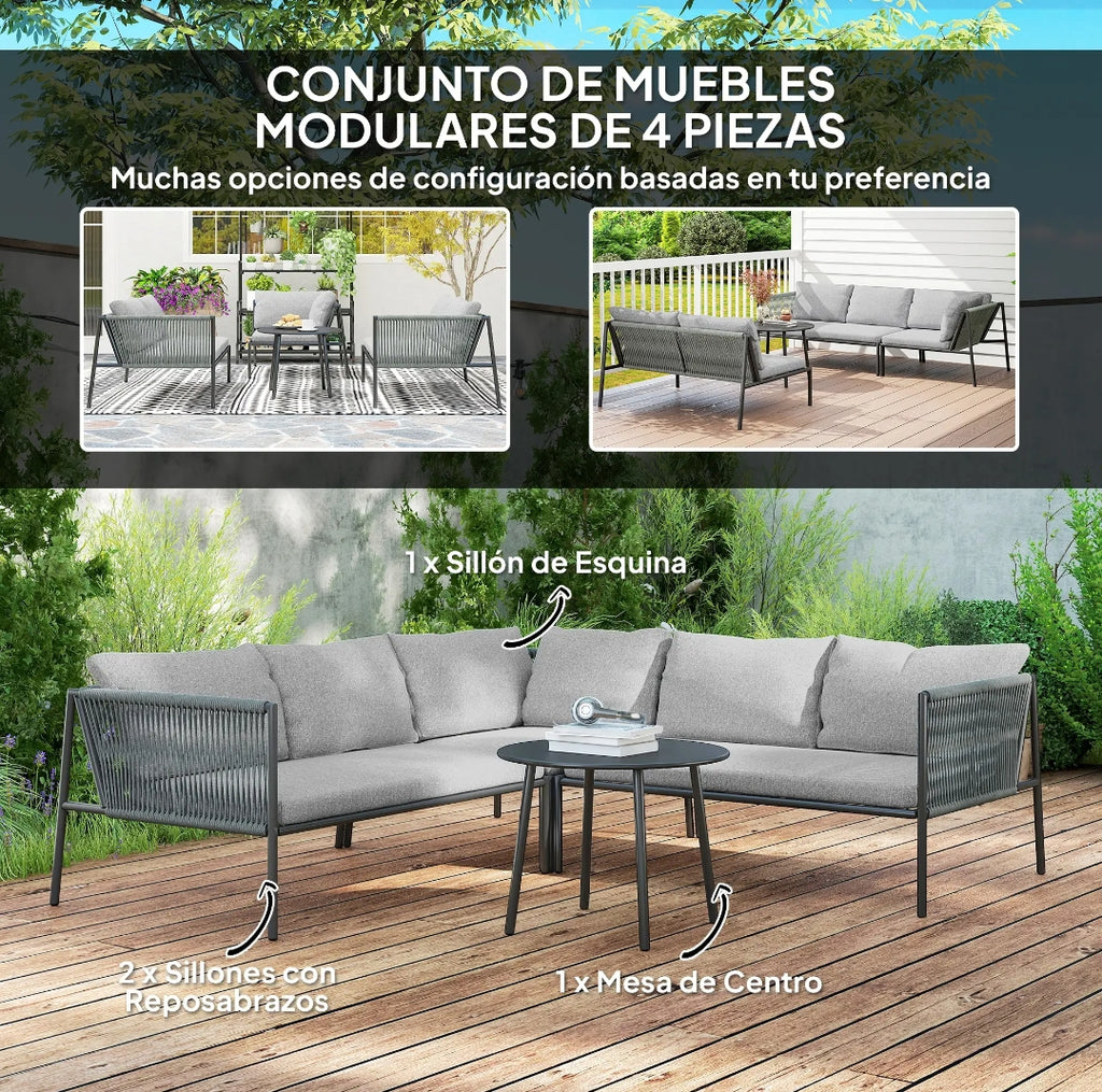 Conjunto de Jardín Modular de Ratán 4 Piezas con Mesa Redonda | MooM Decó