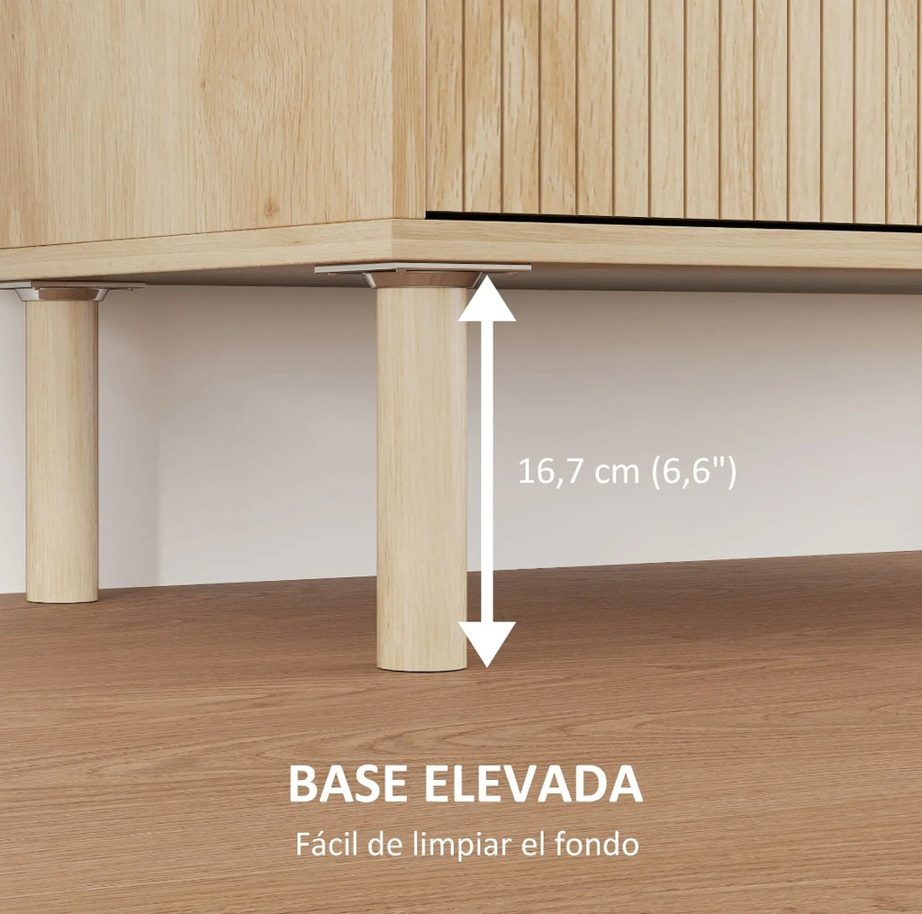 Aparador de Roble con Puertas de Lamas, Estante Ajustable y Patas de Madera Maciza