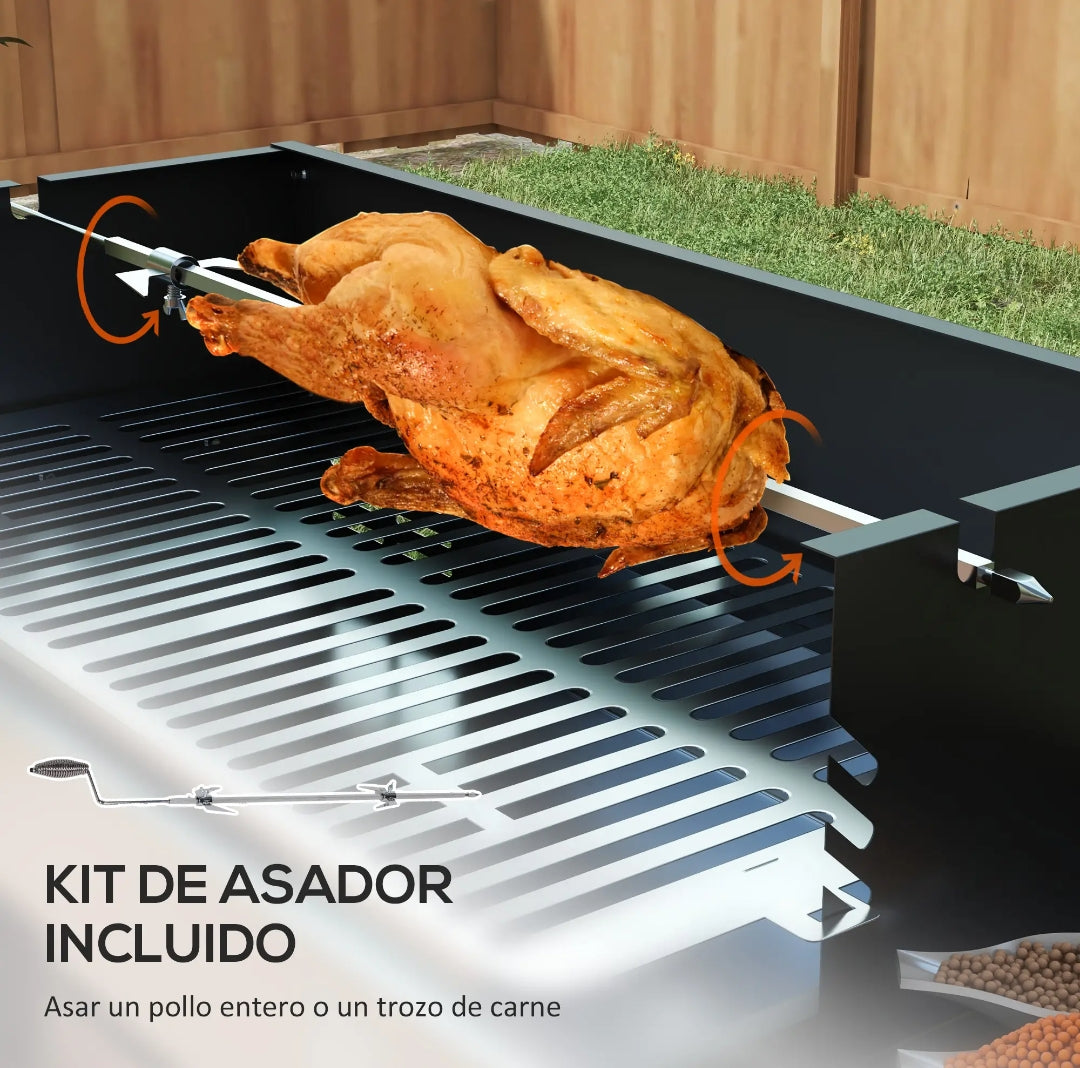 Barbacoa de Carbón Portátil con Pincho Giratorio, Parrilla y Estantes Plegables para Jardín y Terraza