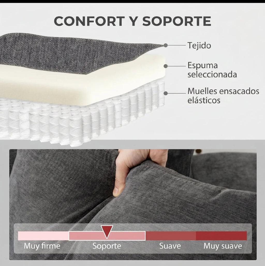 Sofá Chaise Longue Reversible 3 Plazas Beige 242 cm con Muelles Ensacados y 2 Almohadas