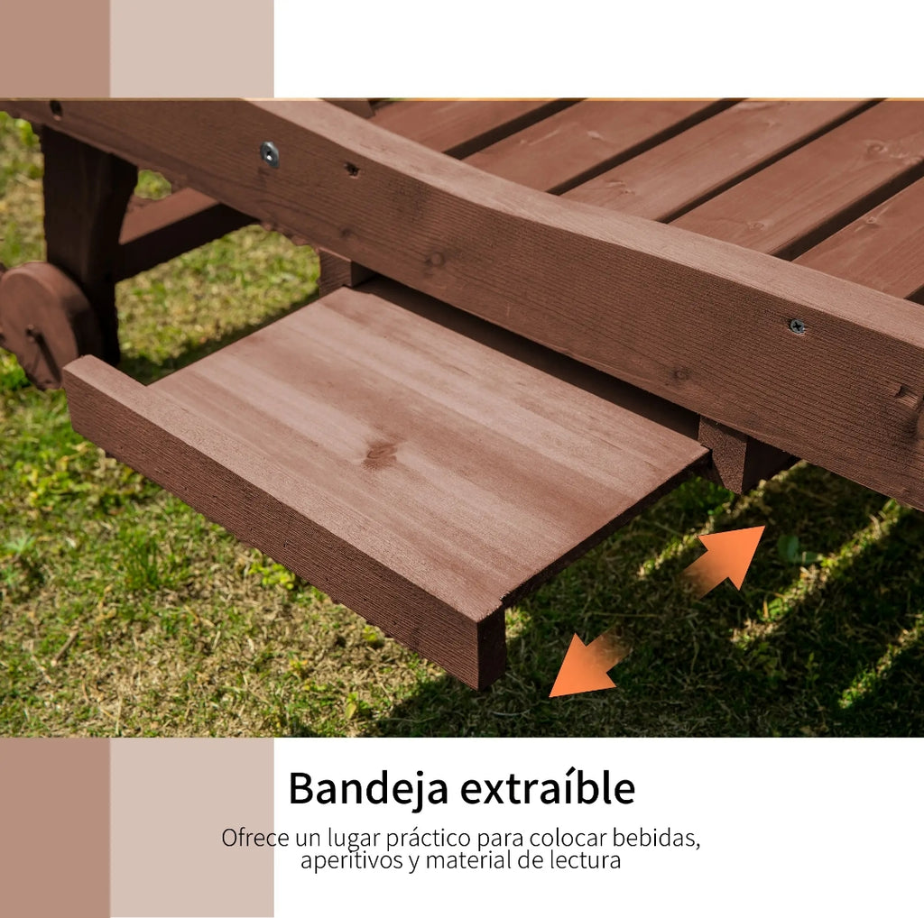 Tumbona de Madera con Ruedas y Bandeja Extraíble para Jardín, Terraza y Piscina