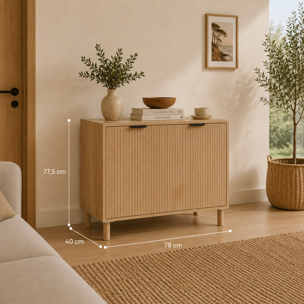 Aparador de Roble con Puertas de Lamas, Estante Ajustable y Patas de Madera Maciza