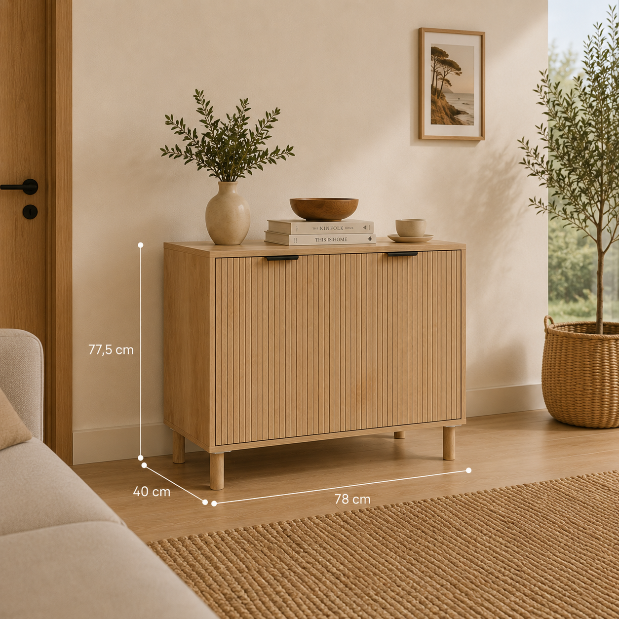 Aparador de Roble con Puertas de Lamas, Estante Ajustable y Patas de Madera Maciza