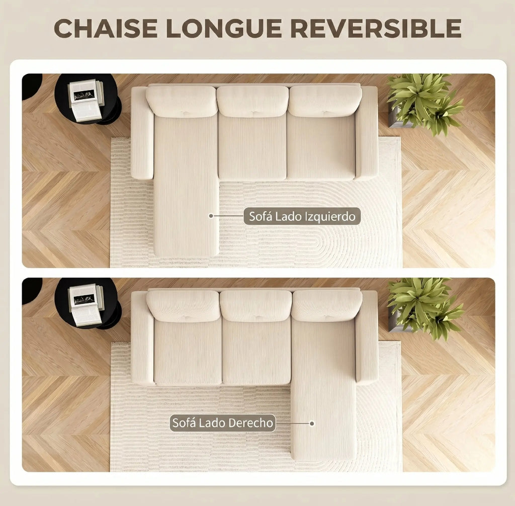 Sofá Chaise Longue Reversible de 3 Plazas en Pana Crema 192 cm | MooM Decó