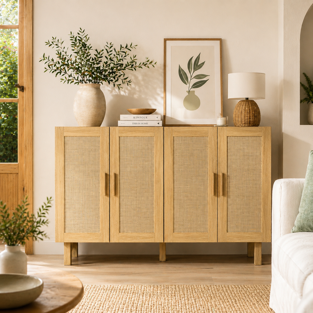 Aparador Cannage de 4 Puertas con Estantes Ajustables Estilo Boho Natural 120 cm