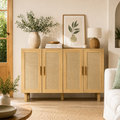 Aparador Cannage de 4 Puertas con Estantes Ajustables Estilo Boho Natural 120 cm