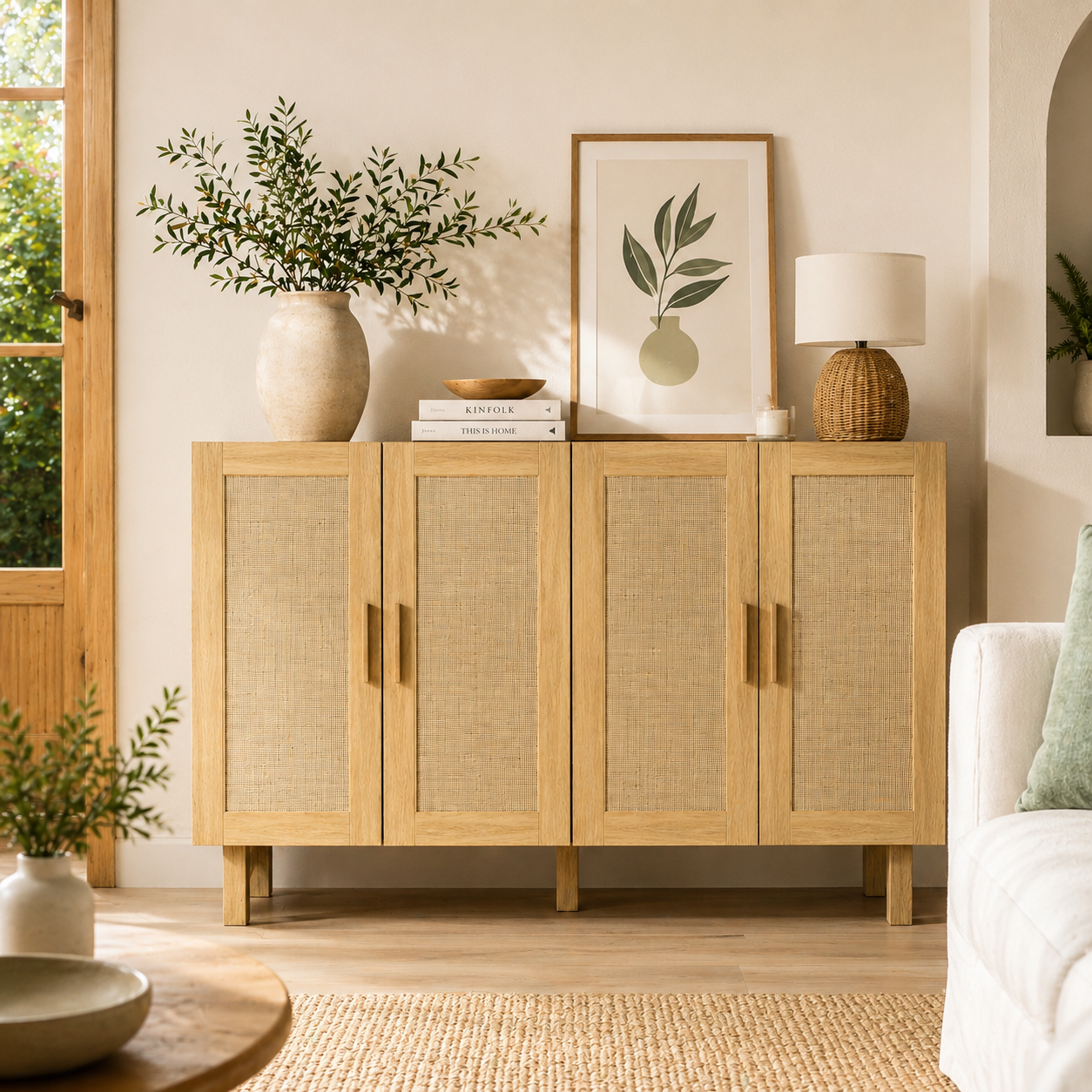 Aparador Cannage de 4 Puertas con Estantes Ajustables Estilo Boho Natural 120 cm