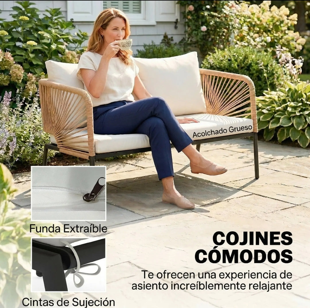 Conjunto de Jardín 4 Piezas con Sofá, 2 Sillones y Mesa Efecto Madera para Exterior