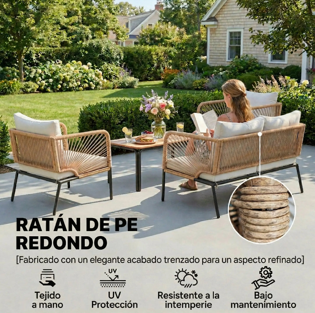 Conjunto de Jardín 4 Piezas con Sofá, 2 Sillones y Mesa Efecto Madera para Exterior