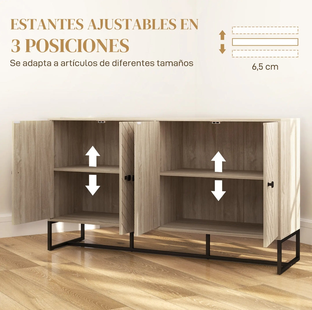 Aparador Chevron Roble con 4 Puertas | Mueble Auxiliar Salón 140,5 cm | MooM Decó
