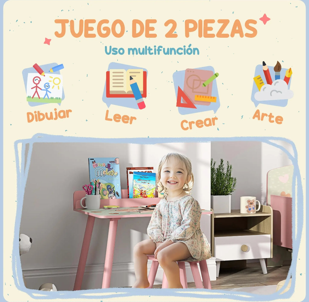 Mesa Infantil con Silla y Estante para Libros Rosa | MooM Decó