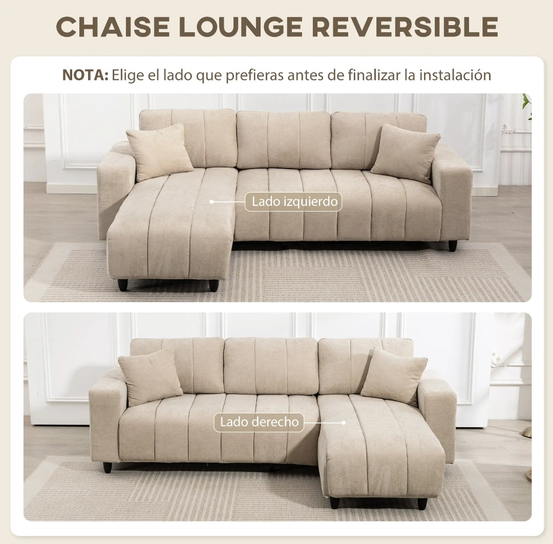Sofá Chaise Longue Reversible 3 Plazas Beige 242 cm con Muelles Ensacados y 2 Almohadas