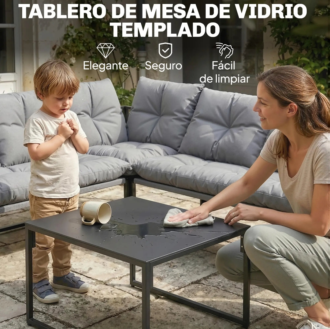 Conjunto de Jardín Esquinero 4 Piezas para 5 Personas con Cojines y Mesa de Cristal Templado