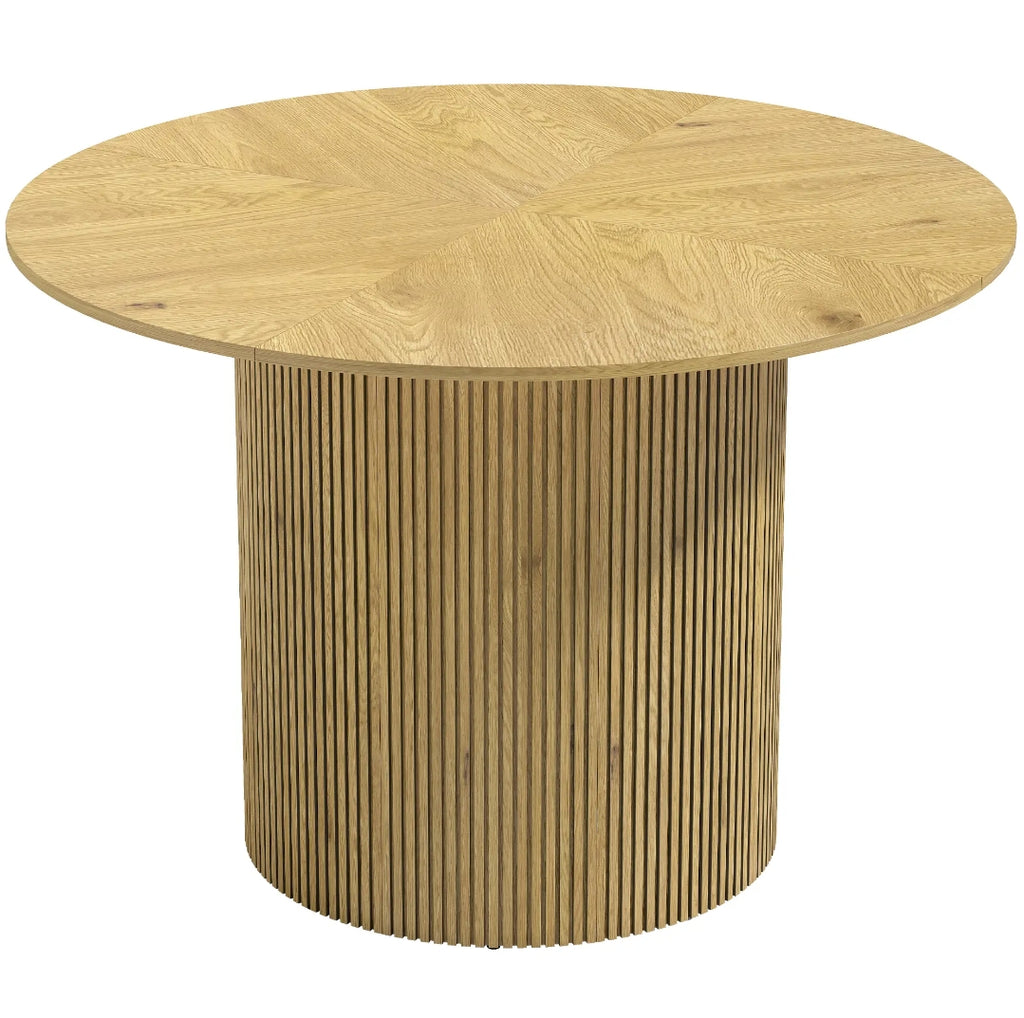 Mesa de Comedor Redonda Ø110 cm Efecto Roble con Pedestal Acanalado para 4-6 Personas | MooM Decó